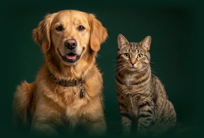 Golden Retriever und getigerte Katze sitzen nebeneinander vor dunkelgrünem Hintergrund