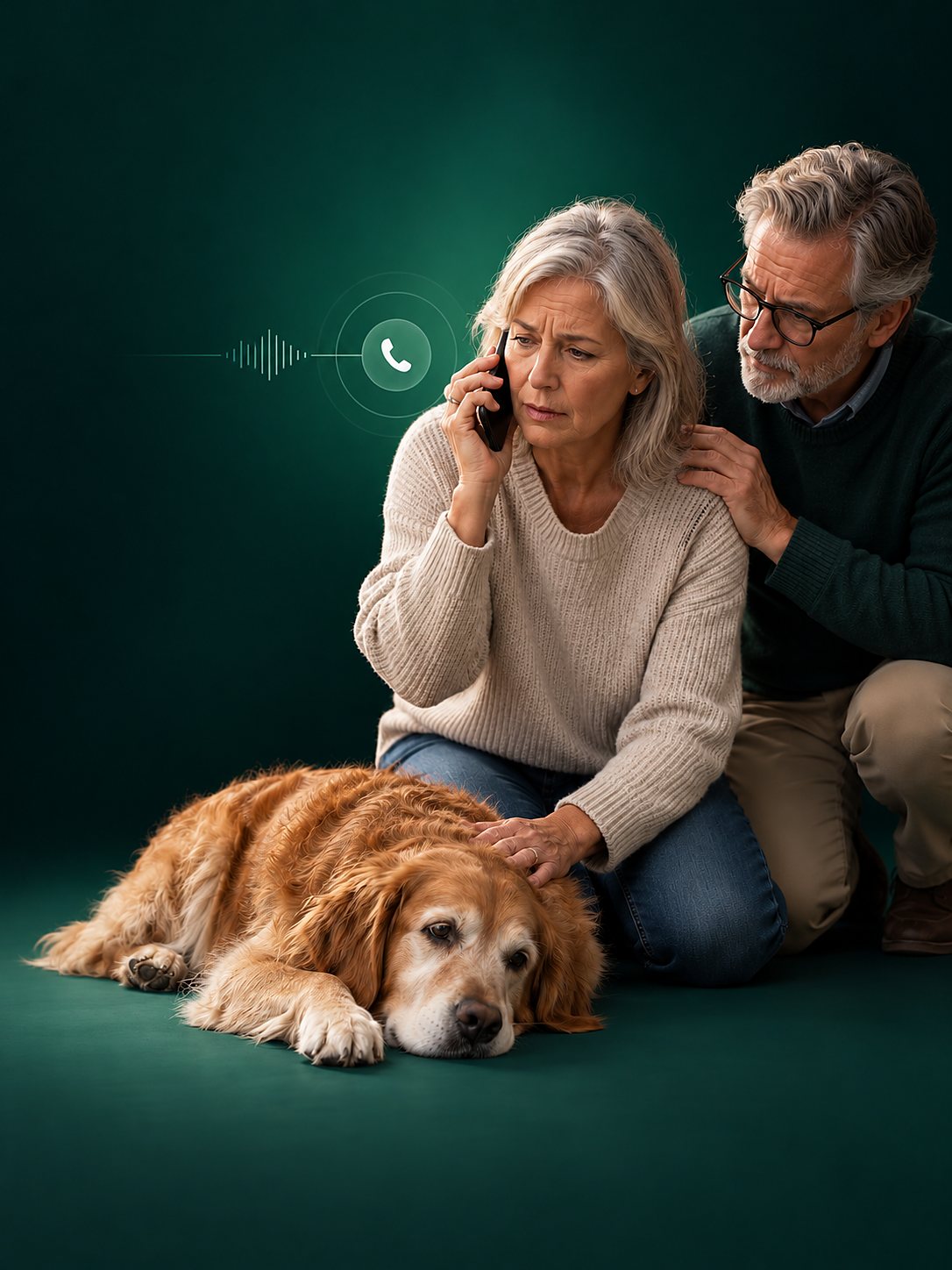 Ein älteres Paar kniet neben seinem Golden Retriever, der erschöpft am Boden liegt. Die Frau telefoniert besorgt.