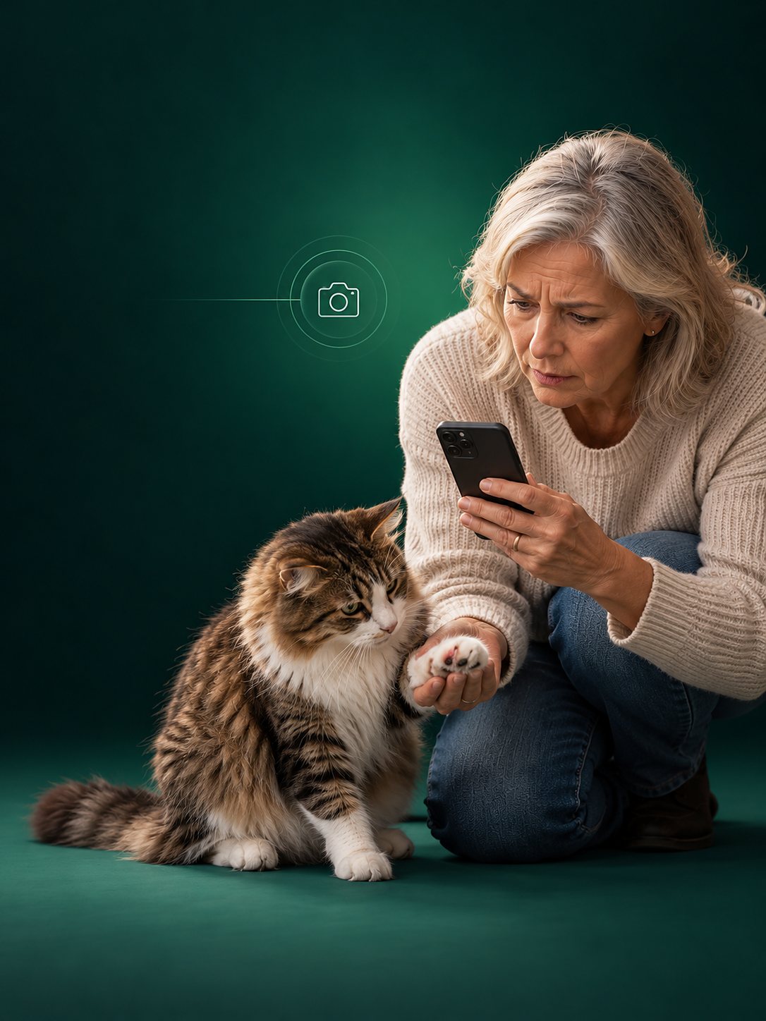Eine Frau hält die Pfote ihrer Katze und fotografiert sie mit dem Smartphone.